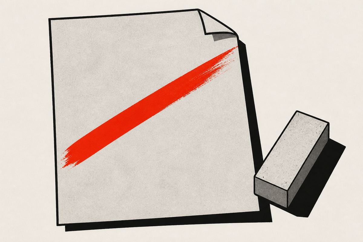 Página y marca de corrección en ilustración geométrica.