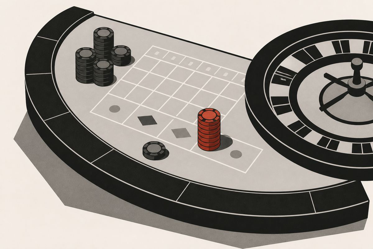 Ilustración de una mesa de casino vista desde arriba, con fichas y una ruleta geométrica.