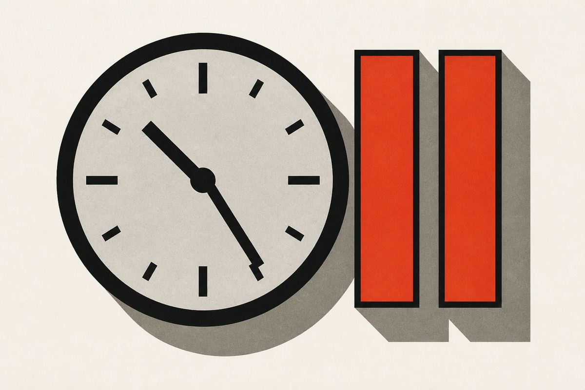 Ilustración de un reloj geométrico junto a un símbolo de pausa.