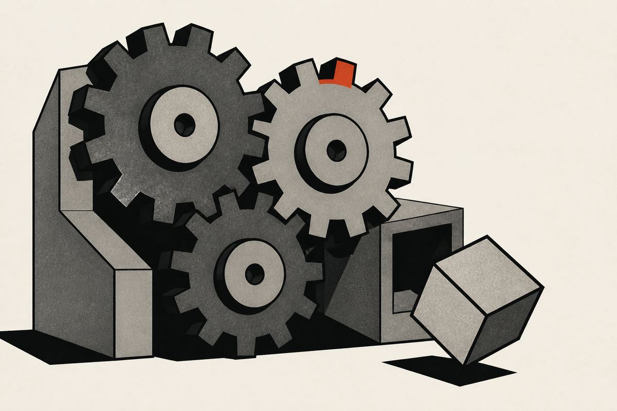 Engranajes geométricos y un cubo, idea de mecanismo aleatorio.